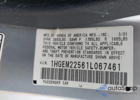 2001 Honda Civic Lx из США, поврежденный, VIN 1HGEM22561L067461